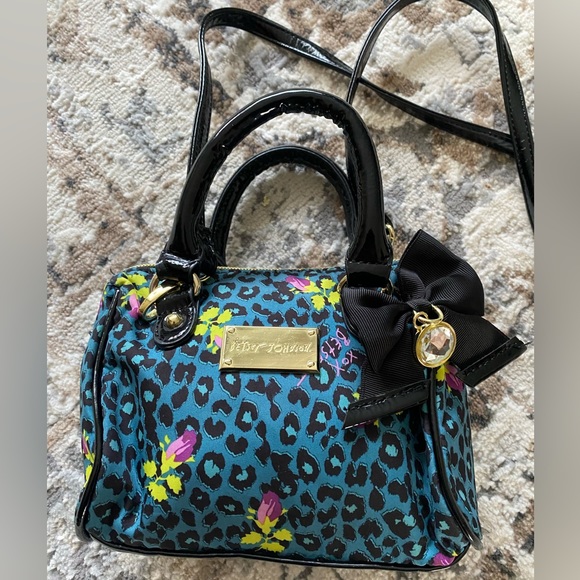 Betsey Johnson Mini Handle Bag Leopard Animal Print Floral Rose Pattern Teal - Picture 2 of 16